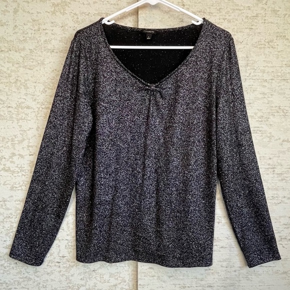 Talbots Black Silver Shiny Sparkly Long Sleeve Top Sz L Stretchy Comfortable - Picture 1 of 14